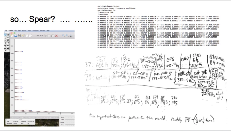Presentation slide reading “so… Spear? ….” beside a Spear spectral-analysis window, a column of exported partial-data numbers, and a handwritten page of frequencies converted to note names.