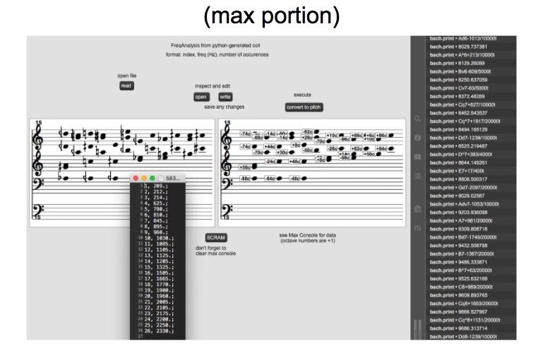 Slide titled “(max portion)” showing a Max patch that reads a Python-generated coll, prints frequency data to the Max console, and renders the results as notated pitches with cent deviations on grand staves.