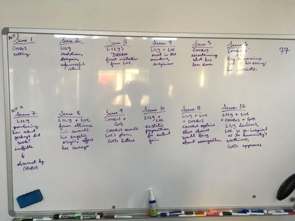 Whiteboard divided into twelve handwritten panels, Act I scenes 1–6 on the top row and Act II scenes 7–12 below, each summarising the action between Lily, Luc, the Chorus, and God.