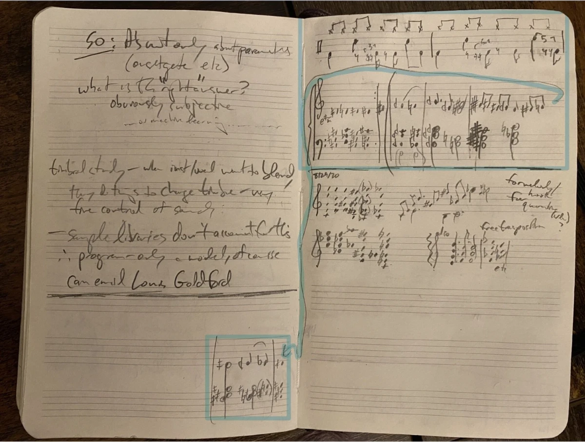 Open manuscript notebook: handwritten notes on the left page about timbral study and sample libraries, hand-drawn staves of chords and rhythms on the right, with passages boxed in blue highlighter.